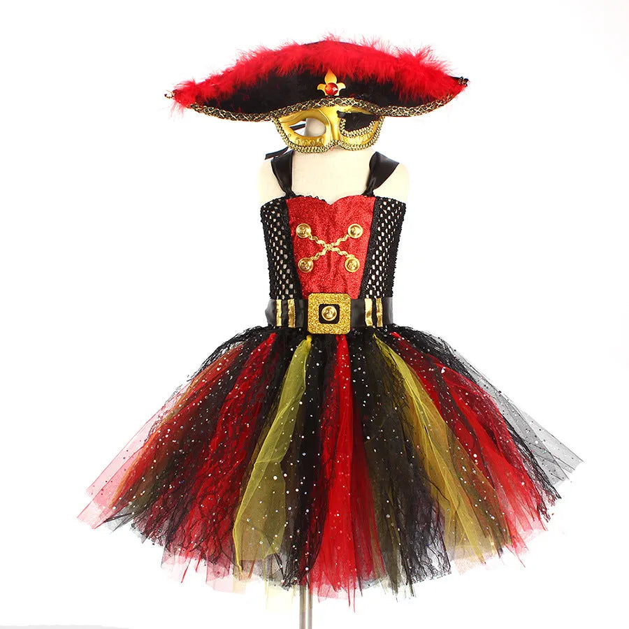 Girl's sleeveless pirate costume dress with sequins, lace, and mesh detailing, shown with an optional hat and eye mask.