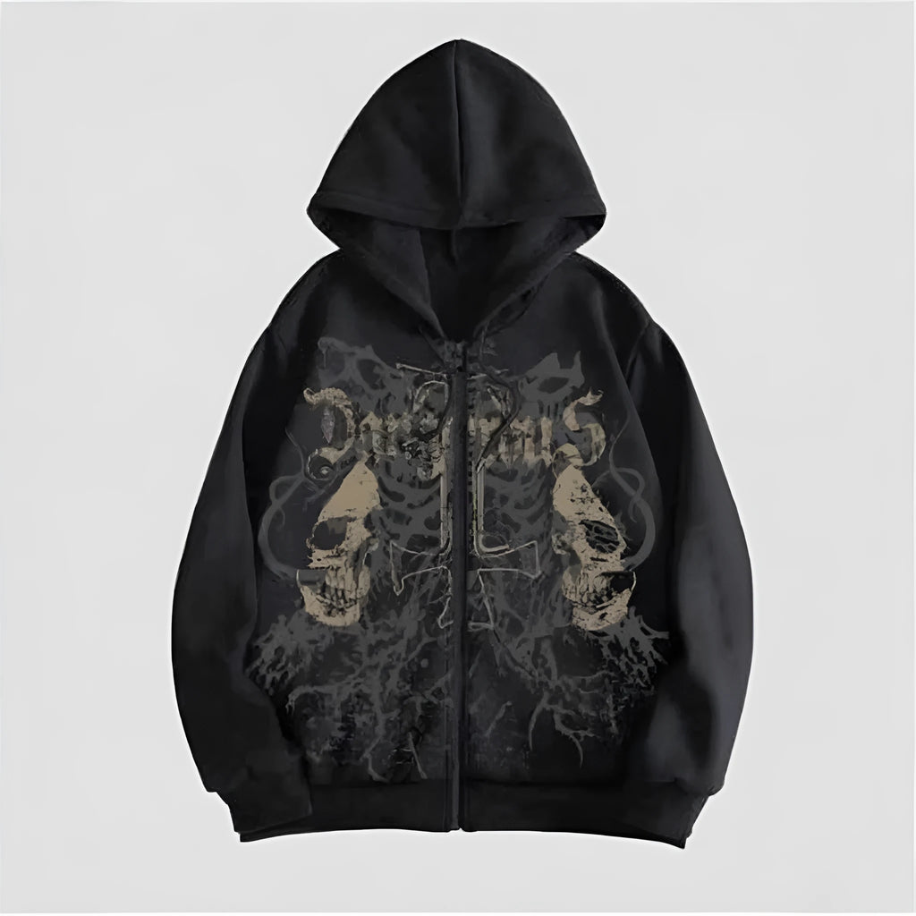Man wearing a black hooded sweatshirt with a large green skull graphic print on the front.