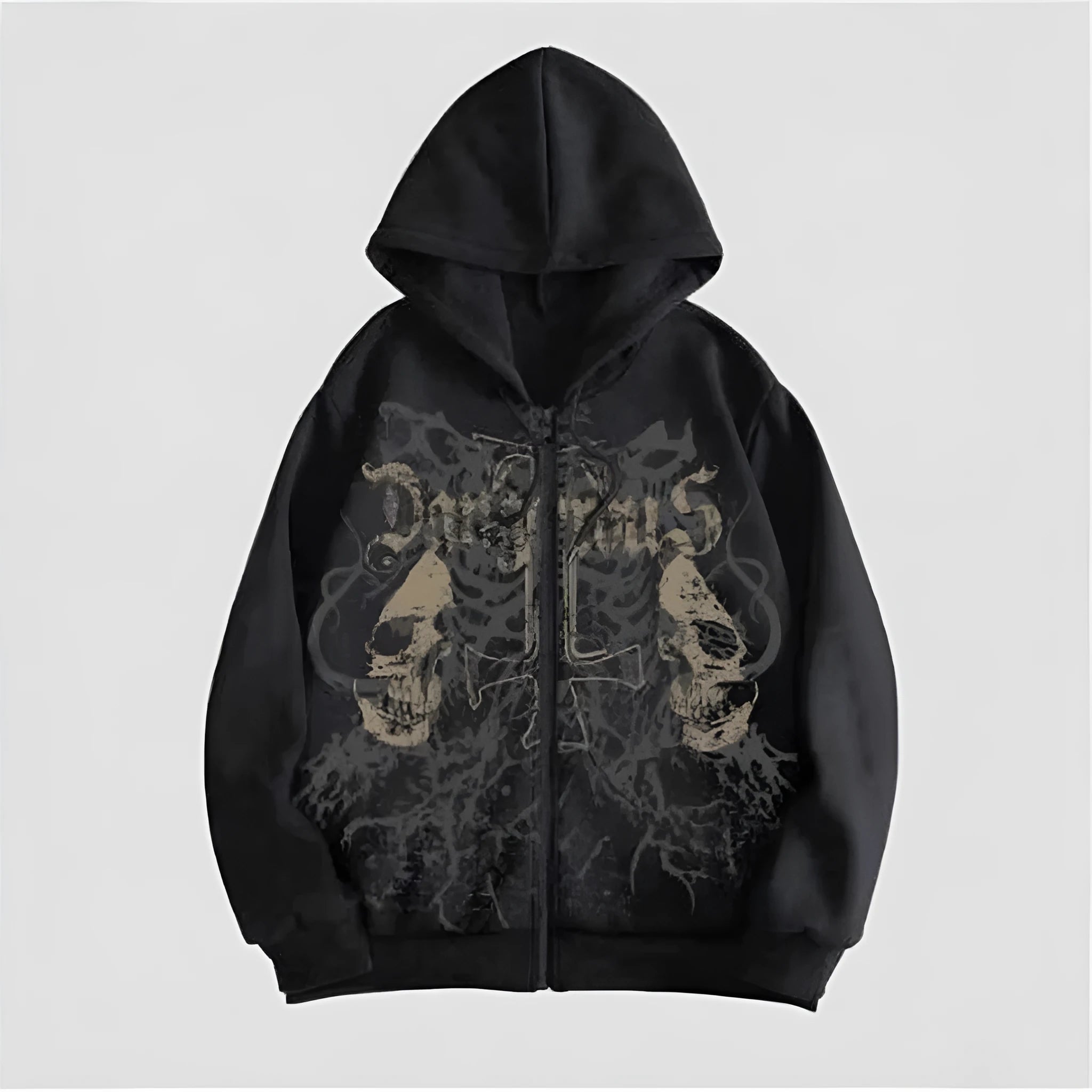 Man wearing a black hooded sweatshirt with a large green skull graphic print on the front.