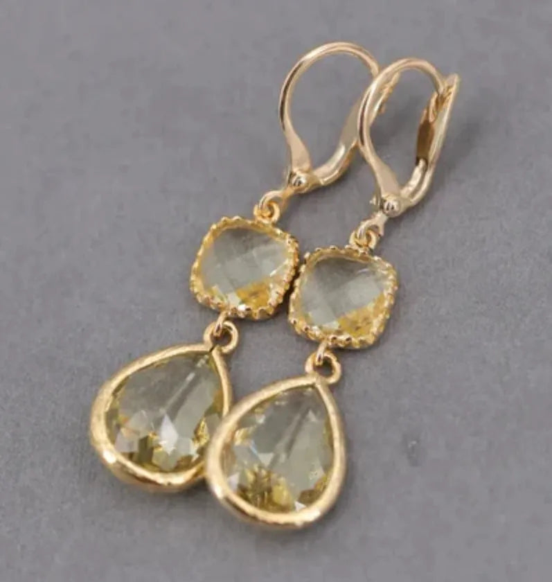 Gold geometric long fringe earrings with crystal droplets on electroplated copper