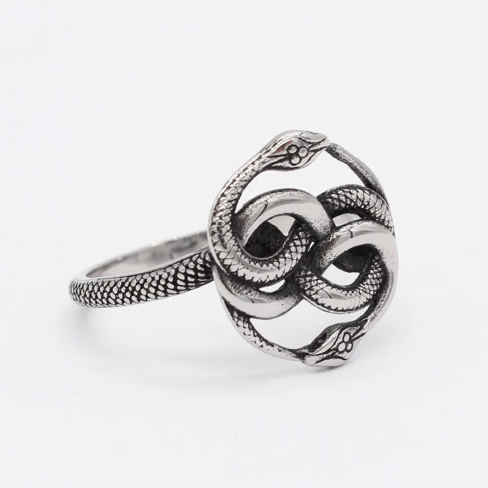Titanium steel double snake ring with retro design in steel colour on size chart