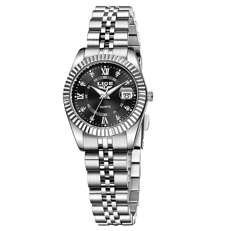 Women's waterproof quartz fashion watch showing gold and silver colour variations with 10mm thickness