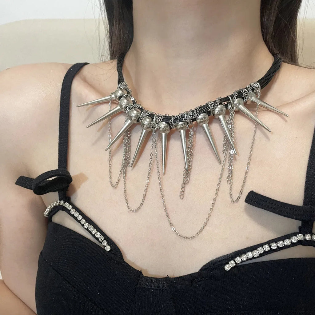 Women's leather necklace with winding tassel, round beads, and point rivets in electroplated finish