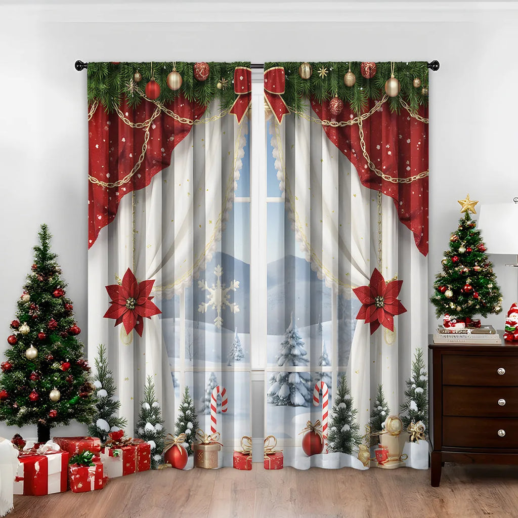 Pair of red and green Christmas themed curtains with 3D digital printed pattern hanging in a window.