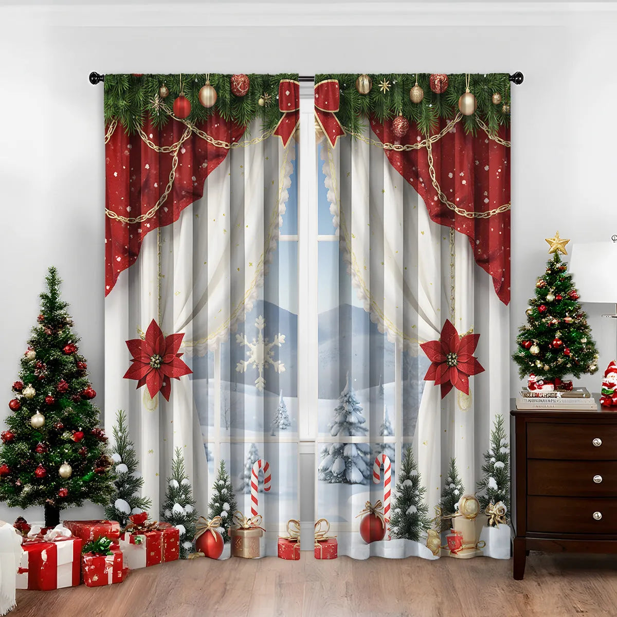 Pair of red and green Christmas themed curtains with 3D digital printed pattern hanging in a window.