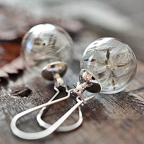 Transparent glass ball earrings with dandelion seed designs on French hooks in silver and bronze finishes