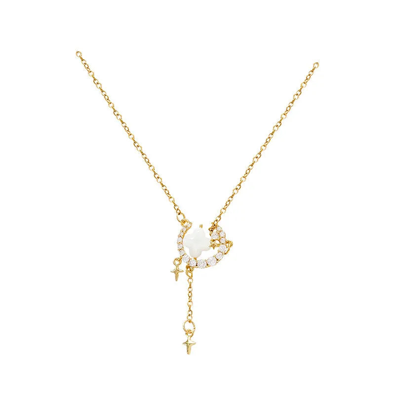 Women's star moon zirconium necklace on adjustable copper chain in gold or silver finish