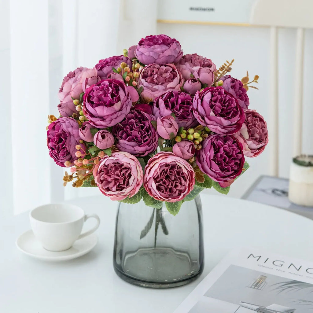 Artificial silk peony bouquet in champagne colour for wedding home décor photography props