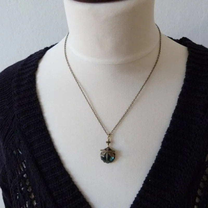Yellow bronze dragonfly pendant necklace with 925 silver on chain