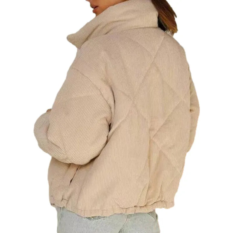 Women's apricot corduroy wadded jacket with stand collar and front zip closure