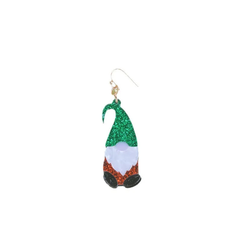 A pair of colourful Santa Claus cartoon character earrings made from acrylic, showing red and green hat style options.