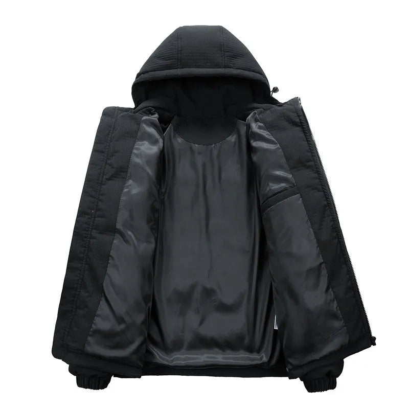 Men's black cotton-padded hooded winter coat with Korean style letter print and side seam pockets