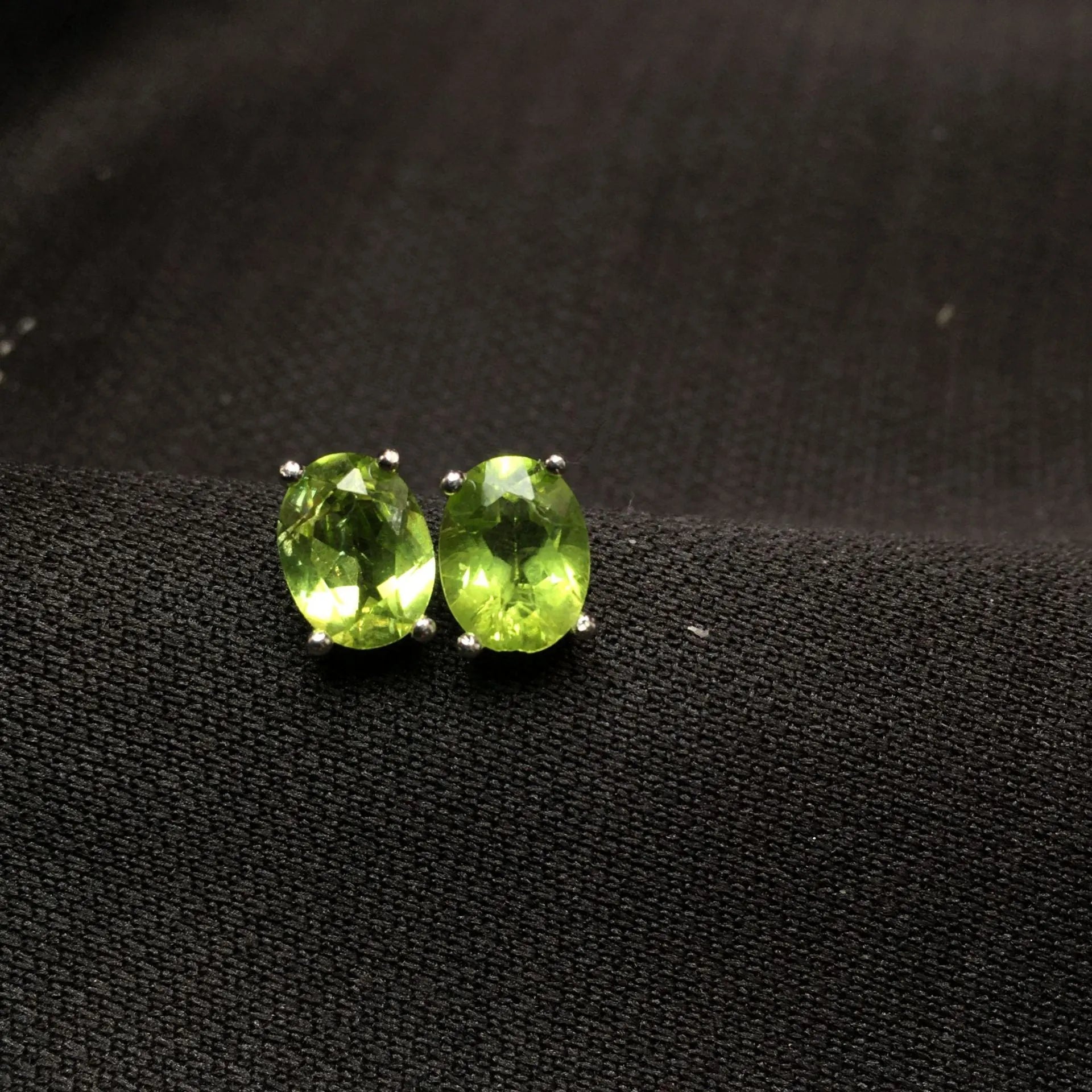 Natural olivine stud earrings with 6x8mm grass green faceted gemstone in S925 sterling silver