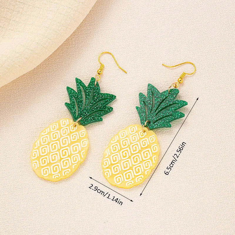 Pair of women's hook earrings with a green and yellow acrylic jackfruit drop decoration on a gold-toned alloy hook.