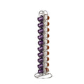 Black wrought iron coffee capsule storage rack holding 20 capsules on display shelves
