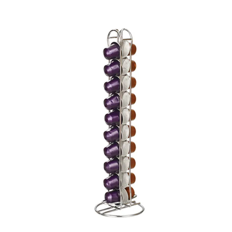 Black wrought iron coffee capsule storage rack holding 20 capsules on display shelves