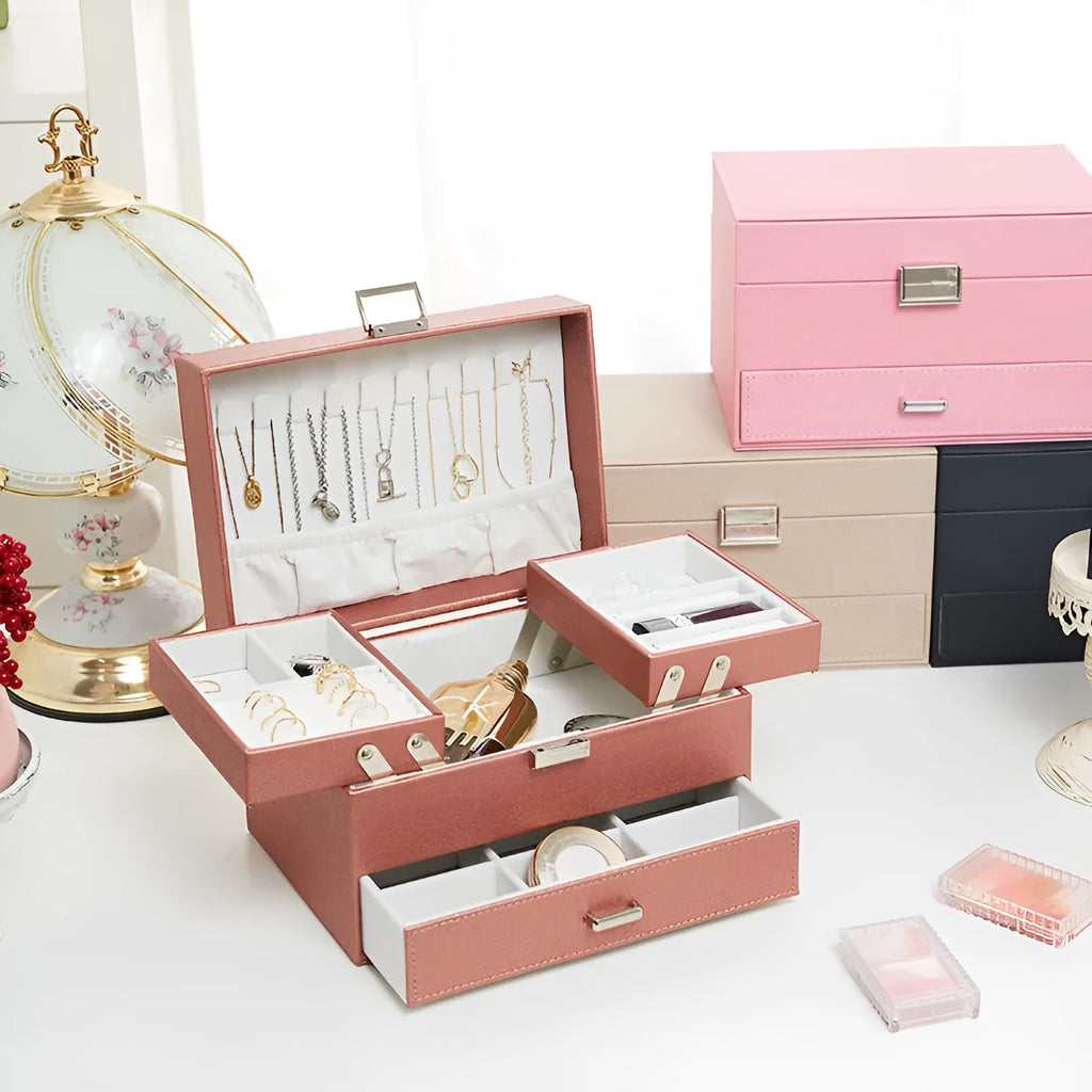 Hard PU leather jewellery storage box in European-American style measuring 22.5cm x 15.5cm x 14cm