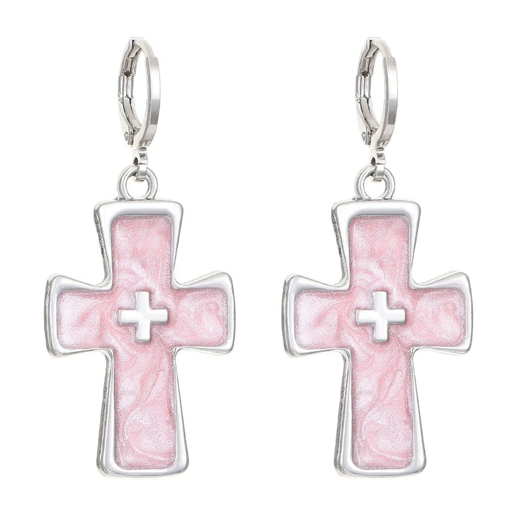 Women's alloy earrings with cross crystal designs in five colour variations including white K liquid cross and antique silver XINGX