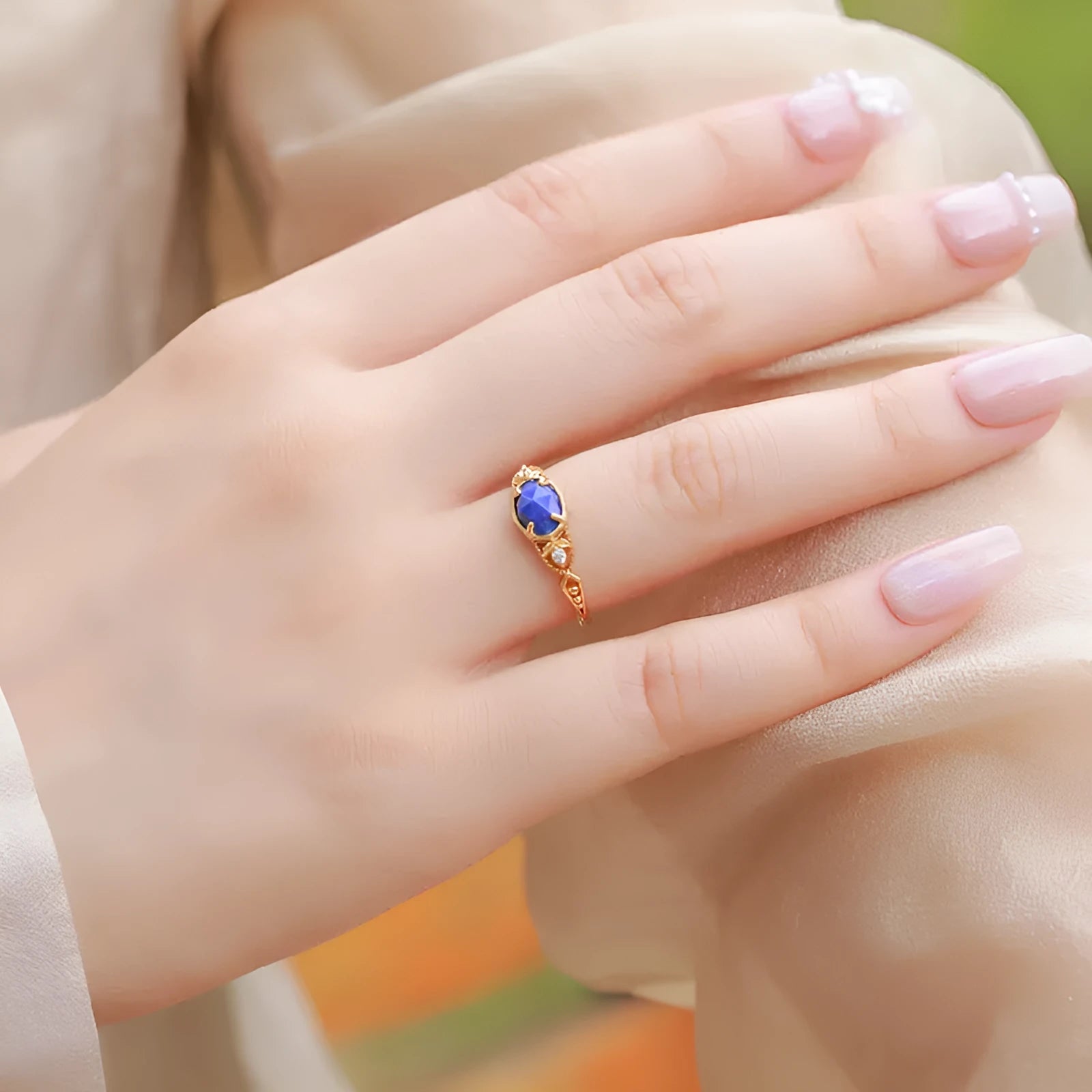 Geometric elliptical lapis lazuli ring in silver alloy with Japanese-inspired design