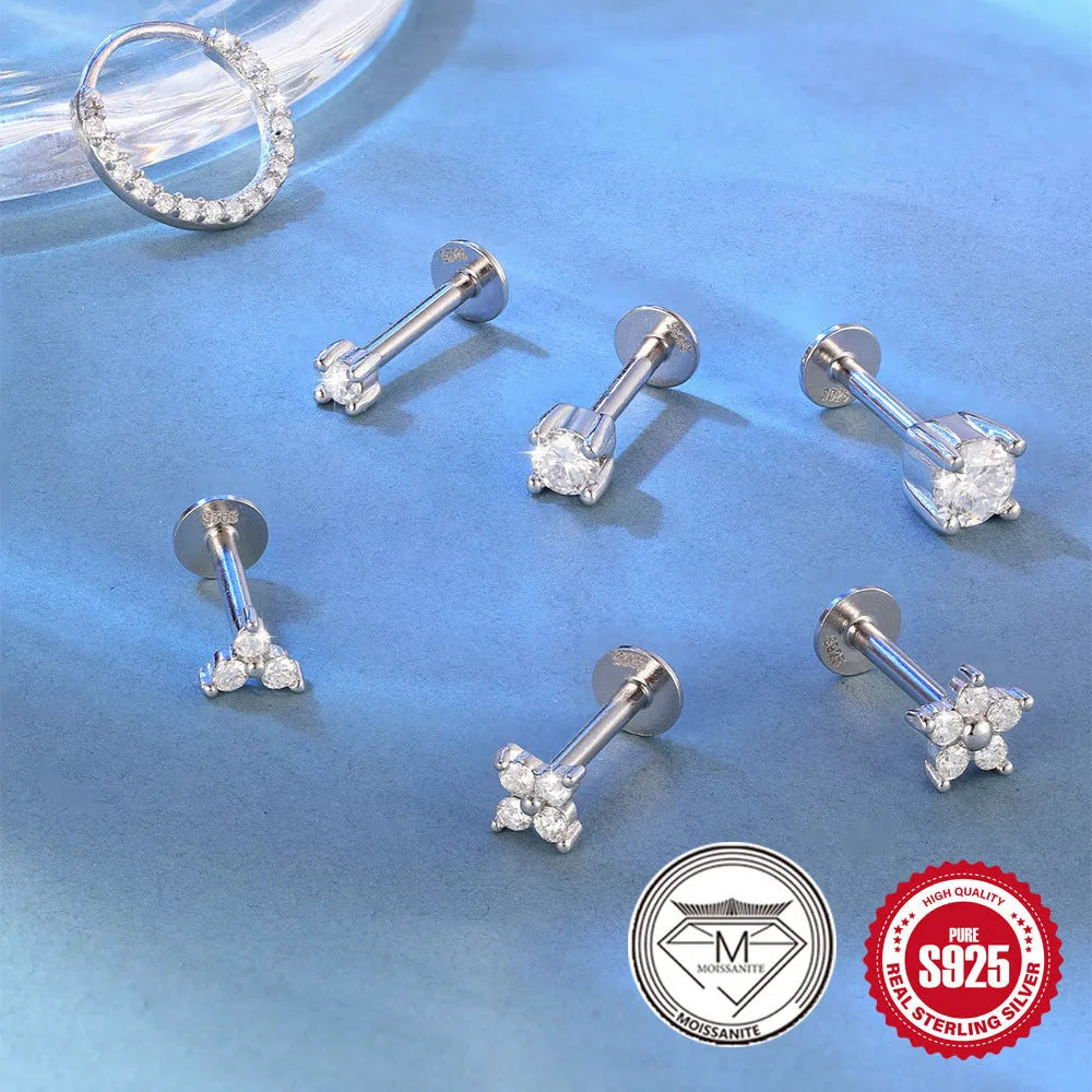 Platinum plated sterling silver geometric petal diamond stud earrings with clip-on fitting in multiple designs