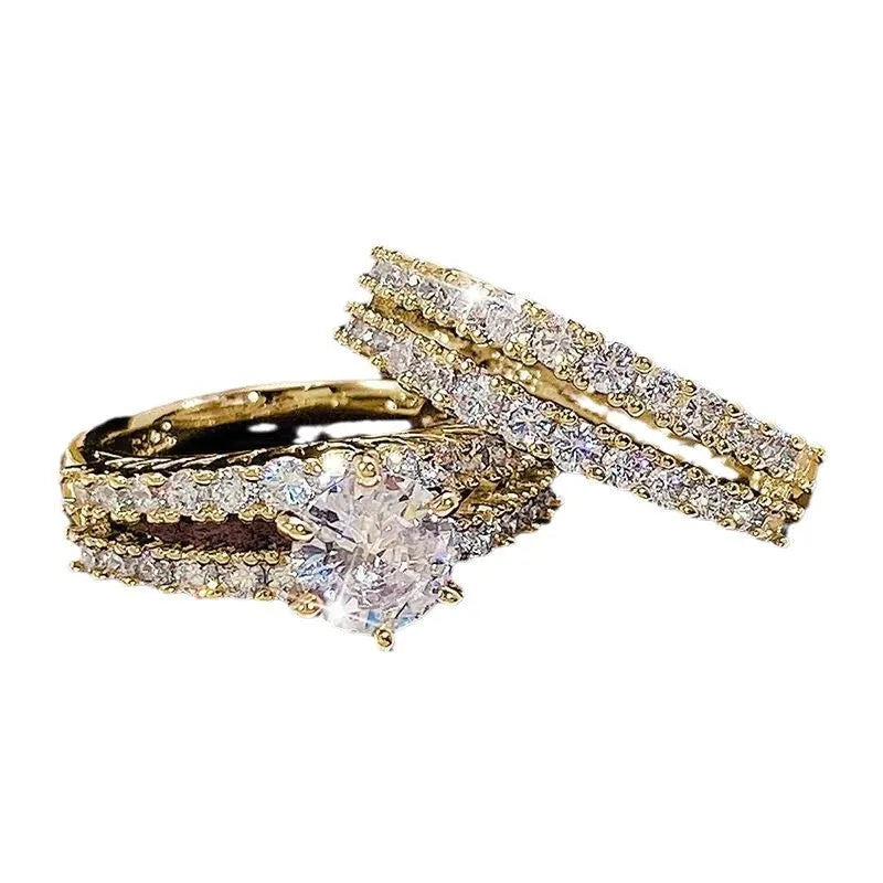 2-in-1 fully-jewelled women's fashion ring set in geometric shape with round elements