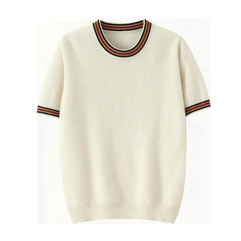 Men's short sleeve pure wool sweater in grey, showing round neck and pullover style on a middle-aged model.