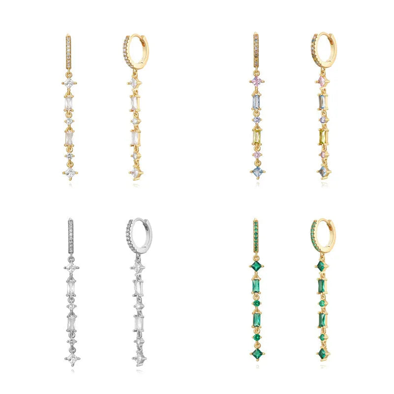 Sterling silver U-shaped geometric ear clips with colourful zircon stones and tassel detail