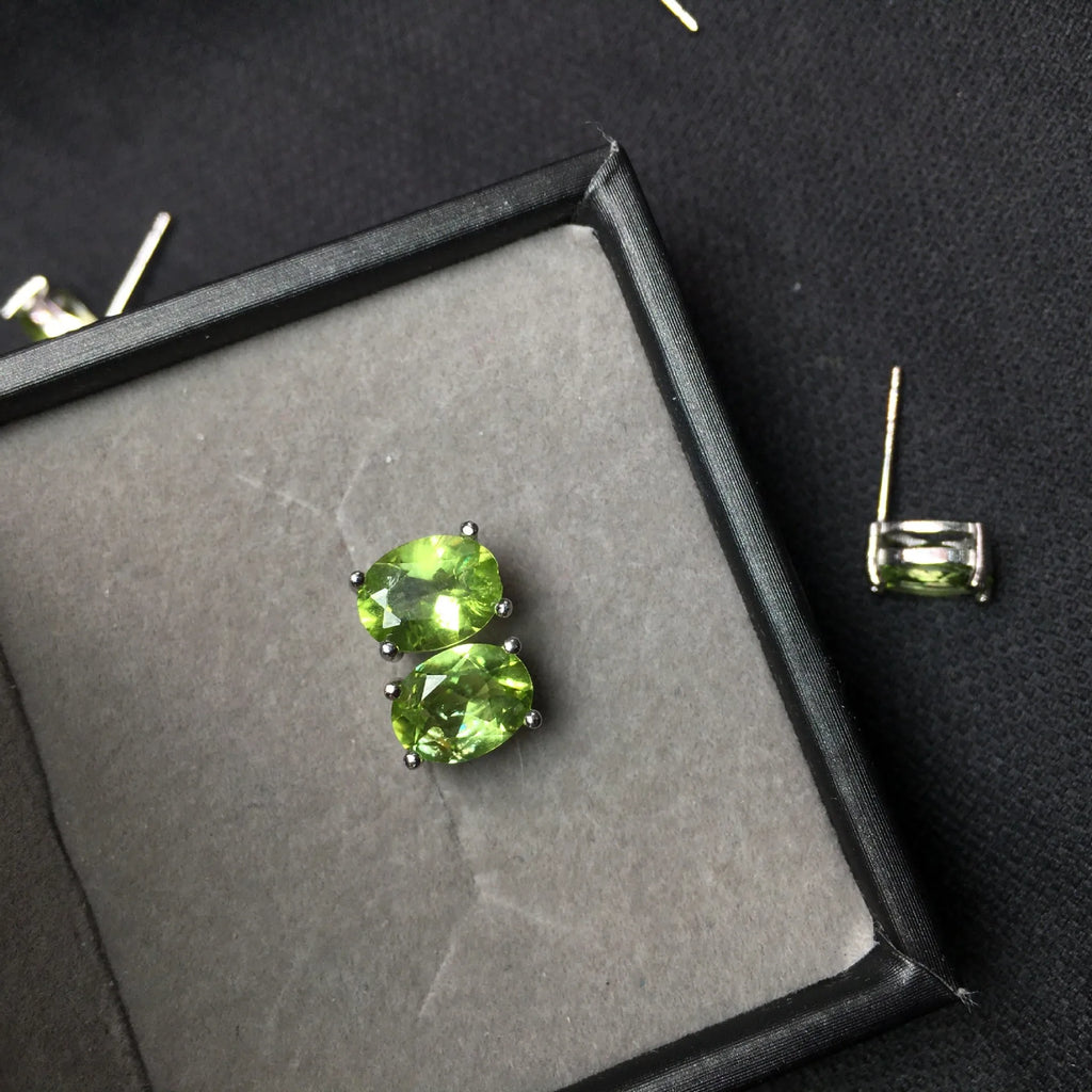 Natural olivine stud earrings with 6x8mm grass green faceted gemstone in S925 sterling silver