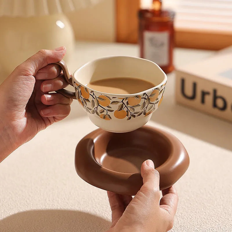 Antique style ceramic coffee cup and saucer set with Medieval design and 210ml capacity
