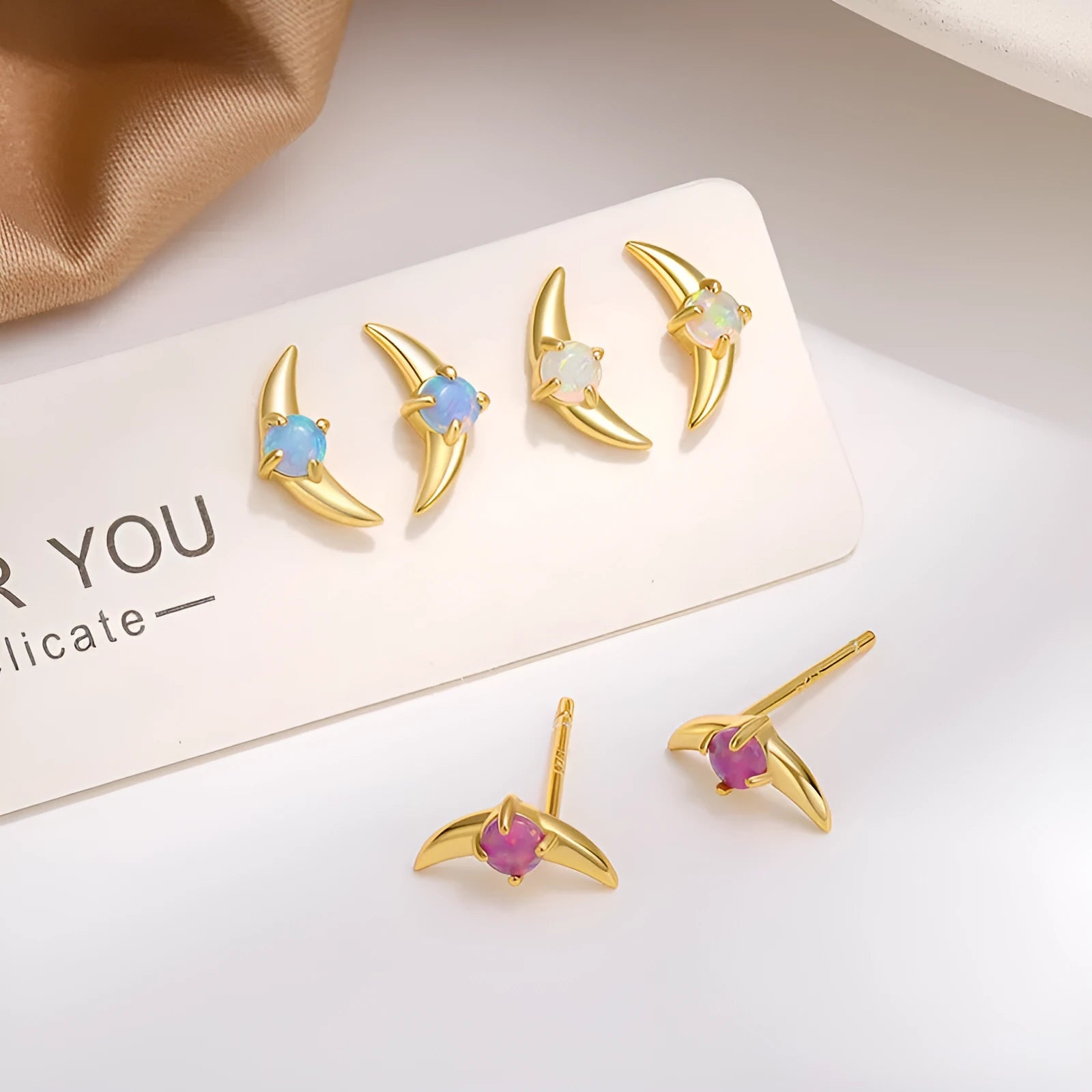 925 silver geometric stud earrings with electroplated finish and coloured stone