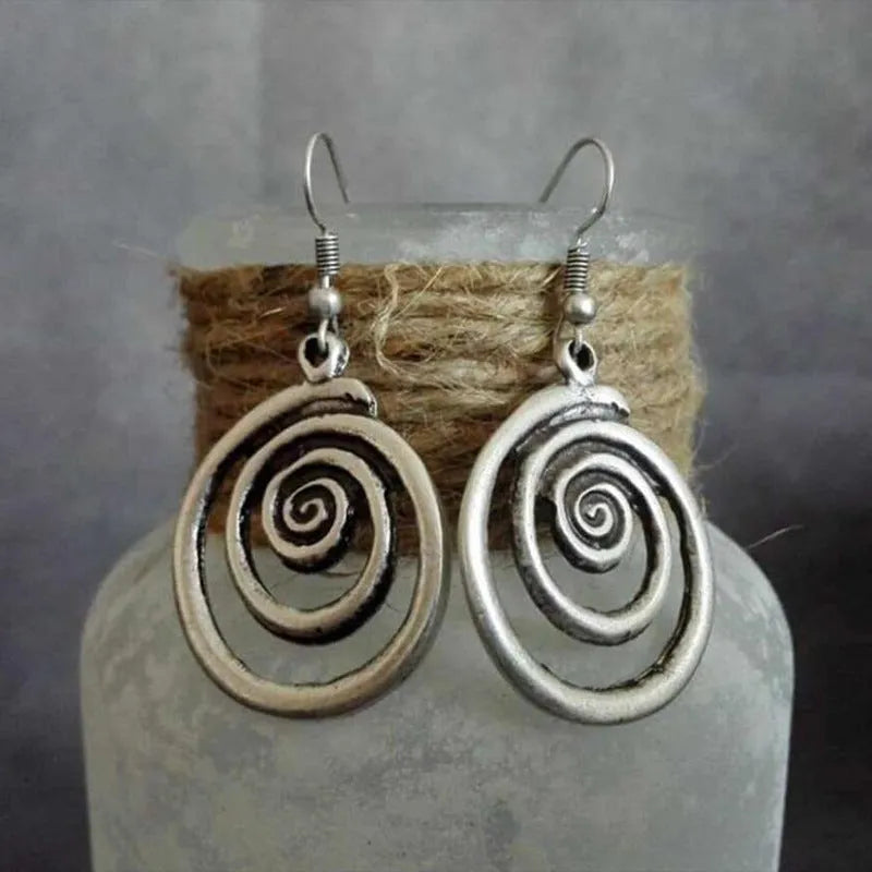 Geometric spiral distressed earrings in silver alloy with retro national style design
