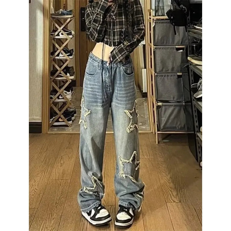Women's blue high-waisted straight-leg jeans with five-pocket design and micro elastic cotton denim fabric