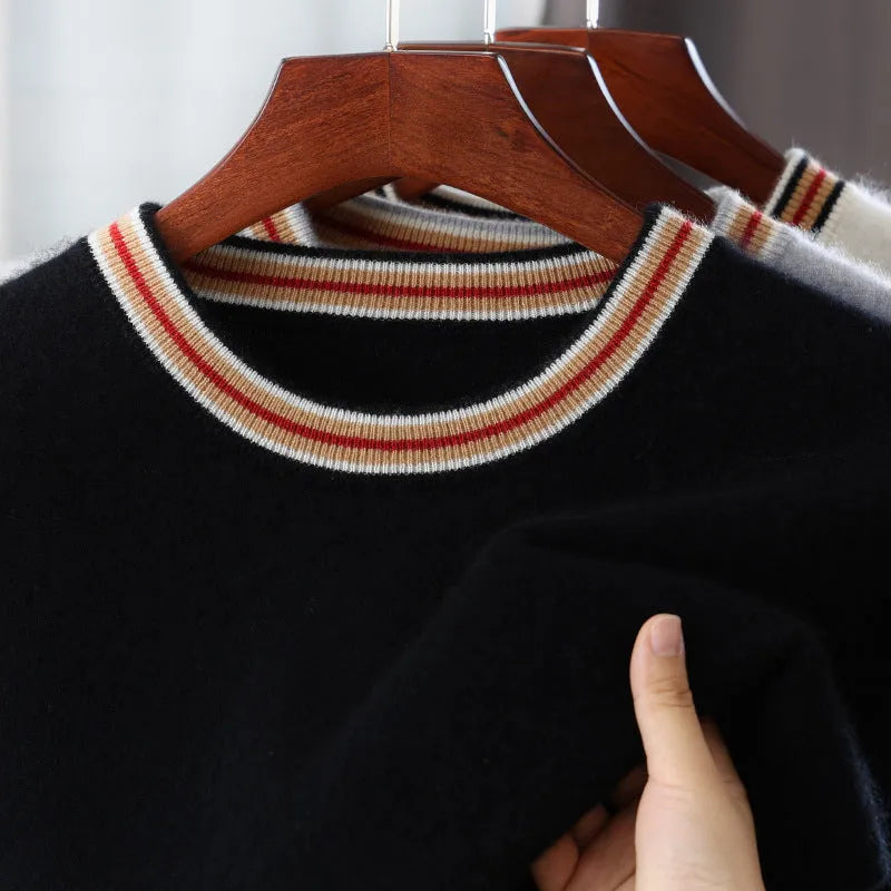 Men's short sleeve pure wool sweater in grey, showing round neck and pullover style on a middle-aged model.