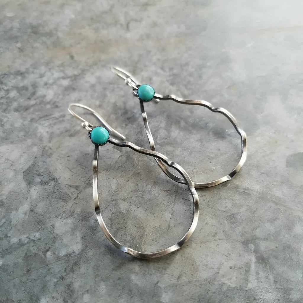 Geometric circle earrings with antique silver finish and turquoise bohemian style