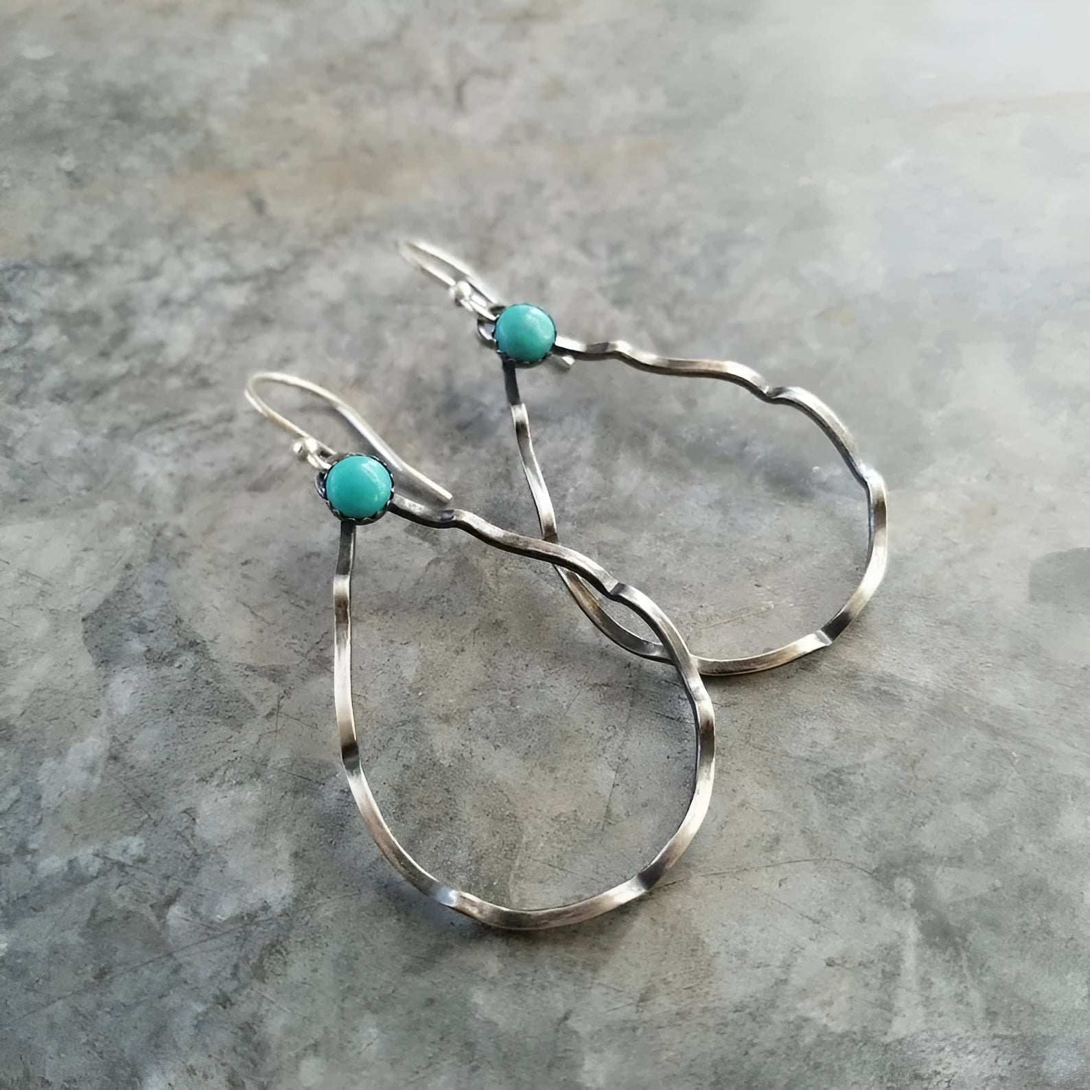 Geometric circle earrings with antique silver finish and turquoise bohemian style
