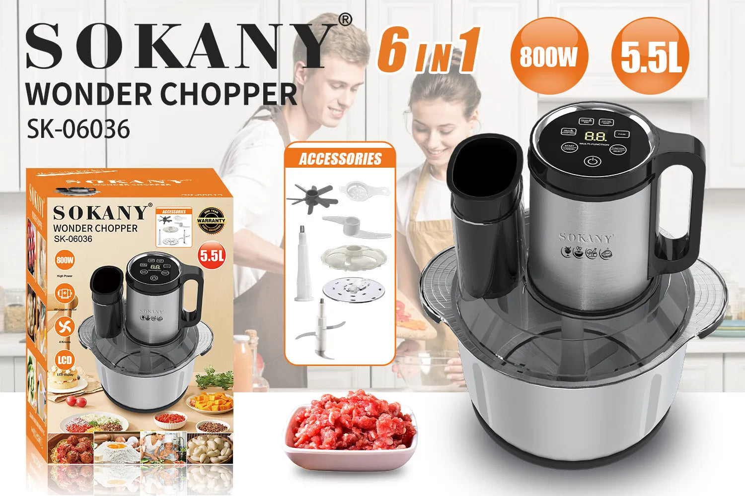 06036 colour stainless steel meat grinder with 5L capacity bowl and adjustable speed control