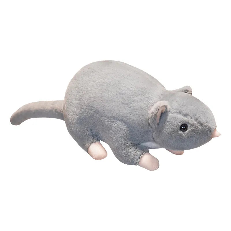 Cartoon mouse plush toy doll in grey, shown in three different sizes