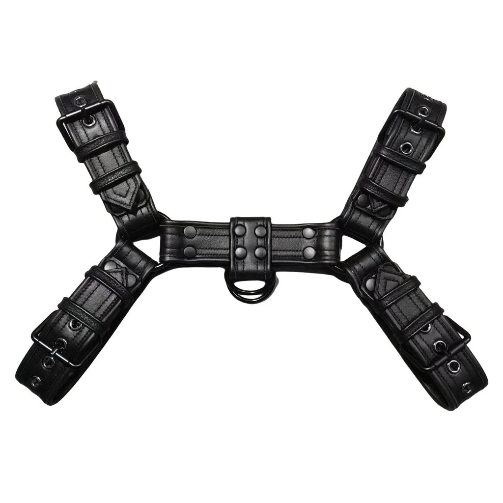 Men's black leather chest strap with metal buckles and rivets
