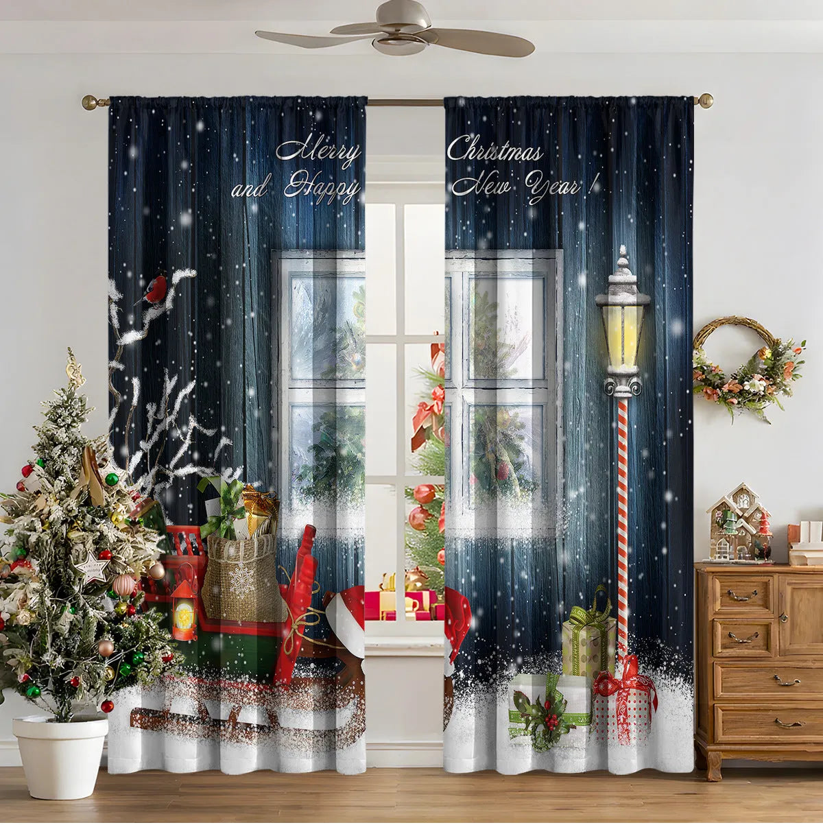 3D digital printed Christmas pattern on polyester curtain hanging in a window