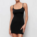 Black sleeveless sling dress with a short sheath skirt and fitted mid-waist.