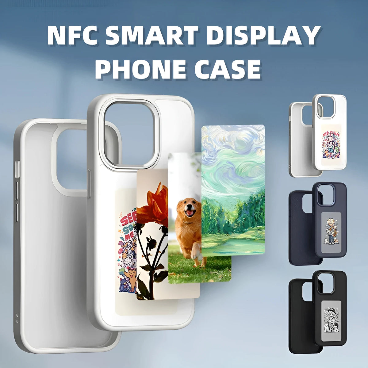 E-ink screen phone case for iPhone with TPU body, mirror element and NFC projection, shown in black with INKZONE app image display.