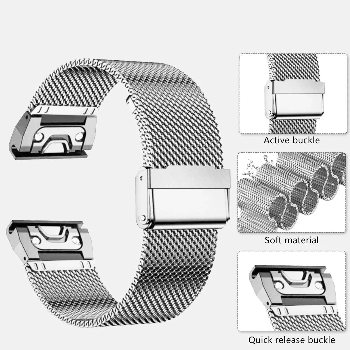 Stainless steel watch strap for Garmin Fenix smartwatches in silver, black, gold, and rose gold colours
