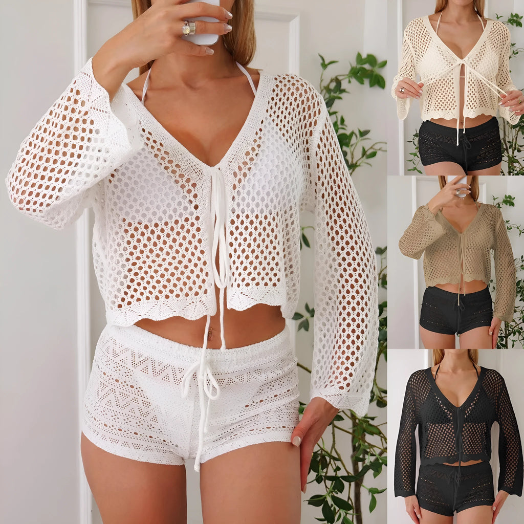 Women's apricot hollow woven cardigan blouse with bell sleeves, shown laid flat.
