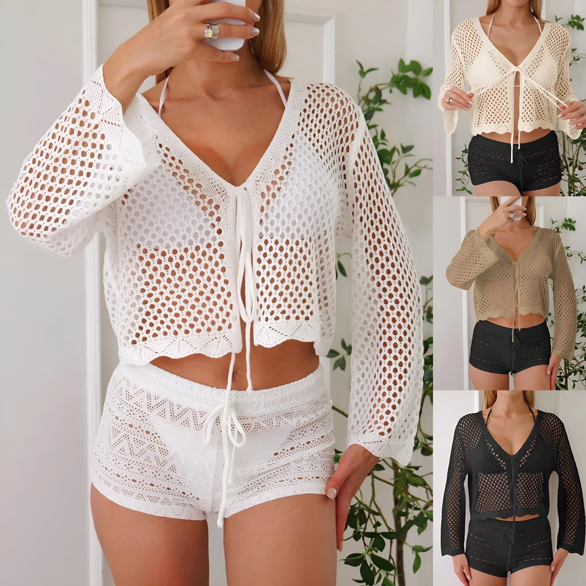 Women's apricot hollow woven cardigan blouse with bell sleeves, shown laid flat.
