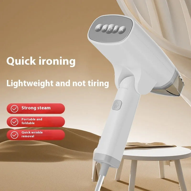 Blue and white handheld garment steamer with compact design and water tank.