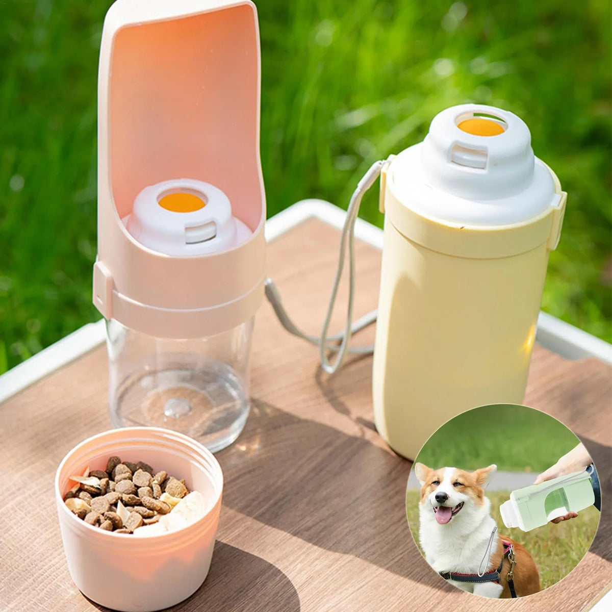 Green portable dog water bottle and feeder with lanyard attached