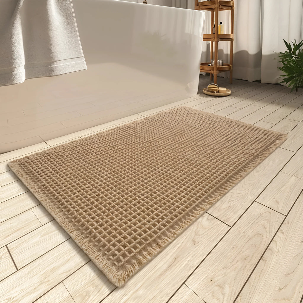 Square checkered-pattern bathroom floor carpet on tiles, showing non-slip texture and available colour options.