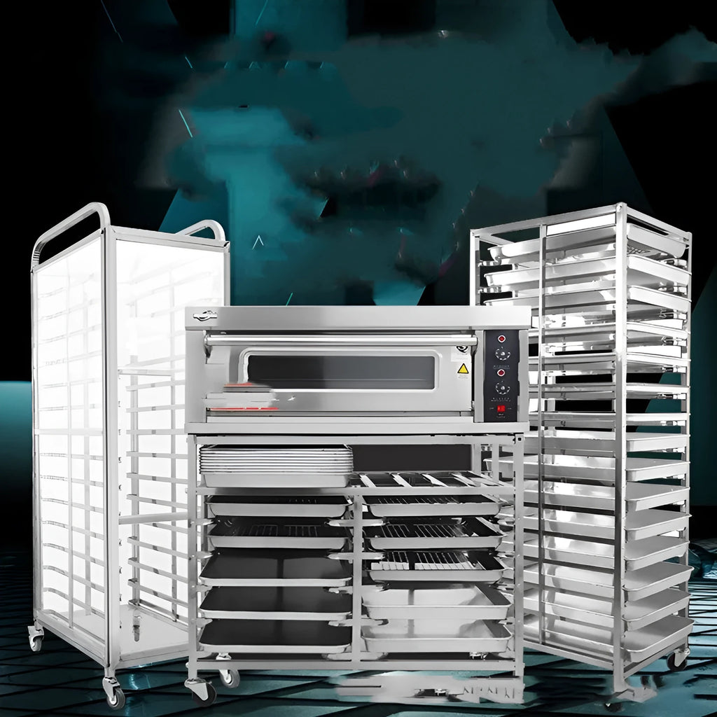 Six-layer stainless steel baking tray rack with lock, showing 40x60cm frame and removable tiers.