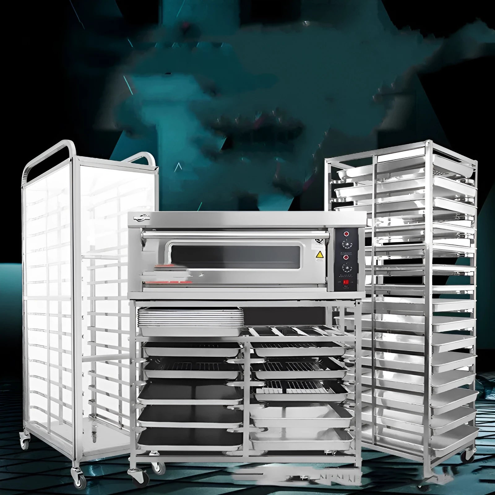 Six-layer stainless steel baking tray rack with lock, showing 40x60cm frame and removable tiers.