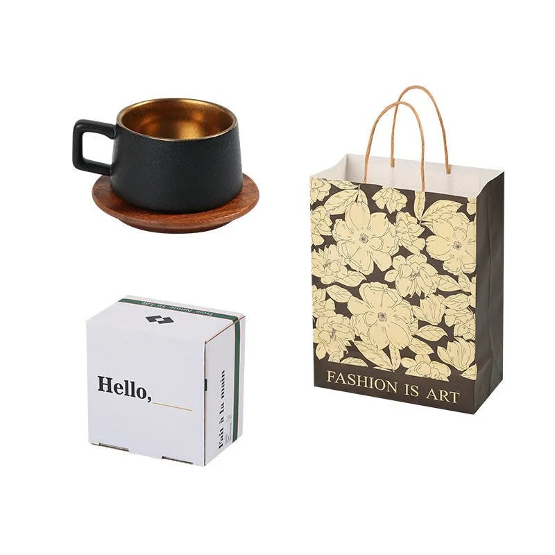 Ceramic coffee tumbler cup with gold-plated gift box and bag, 250ml capacity office gift set.
